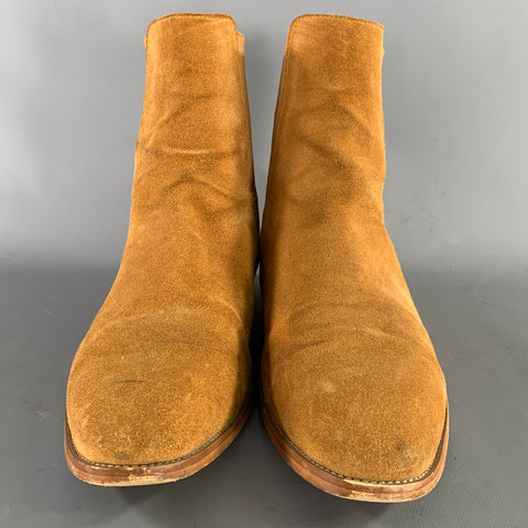 SAINT LAURENT Size 11 Tan Textured Leather Pull On Boots