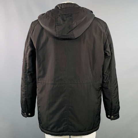 THE KOOPLES Size XL Black Polyester Leather Trim Hooded Coat