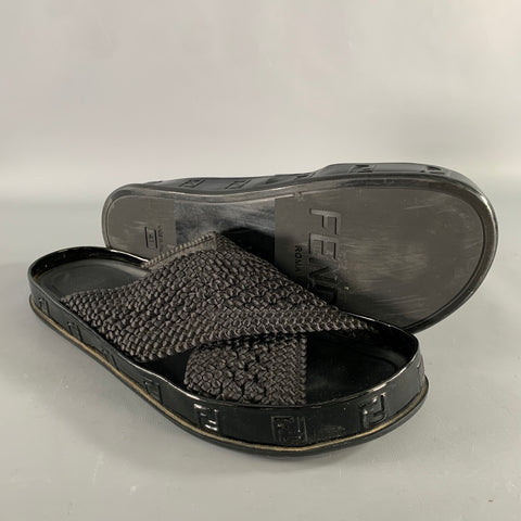 FENDI Size 8 Black Monogram Nylon Slide Sandals