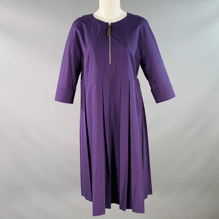 N_8 Size 6 Purple Cotton Pleated 3/4 Sleeves Half Zip Midi Dress
