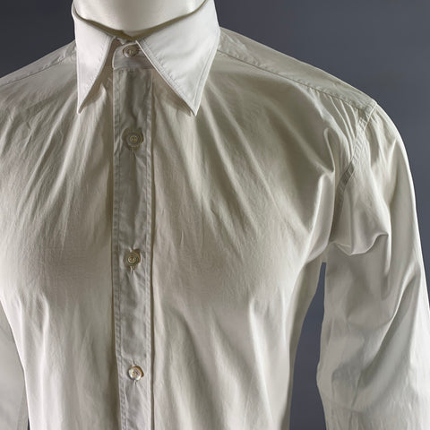 CHARVET Size M White Solid Cotton Pointed Collar Long Sleeve Shirt