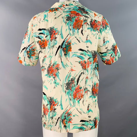 DRIES VAN NOTEN Size XS Cream Green Red Sequined Floral Viscose Camp Short Sleeve Shirt