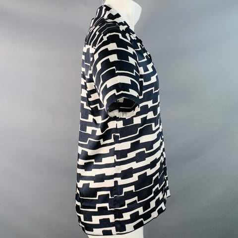 REISS Size M Oakland Navy White Geometric Polyester Camp Short Sleeve Shirt