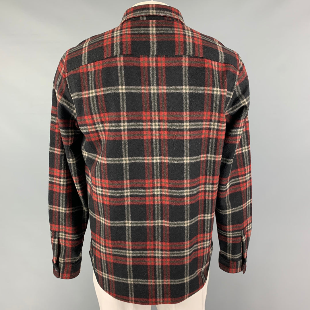 A.P.C. Size XL Black Red White Plaid Wool Nylon Button Up Long Sleeve Shirt