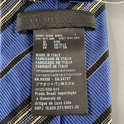 PRADA Blue Black White Diagonal Stripe Silk Tie