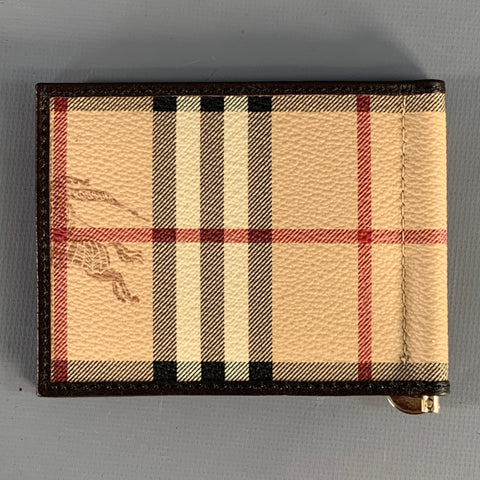 BURBERRY PRORSUM Beige Brown Plaid Pebble Grain Leather Wallet
