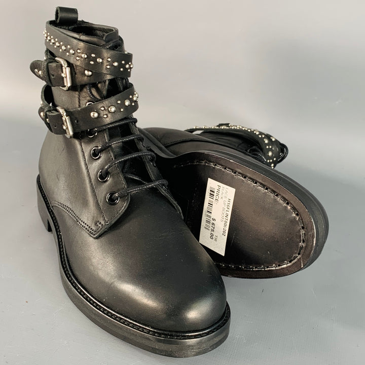 MAJE Size 6 Black Studded Leather Wrap Around Lace-Up Boots