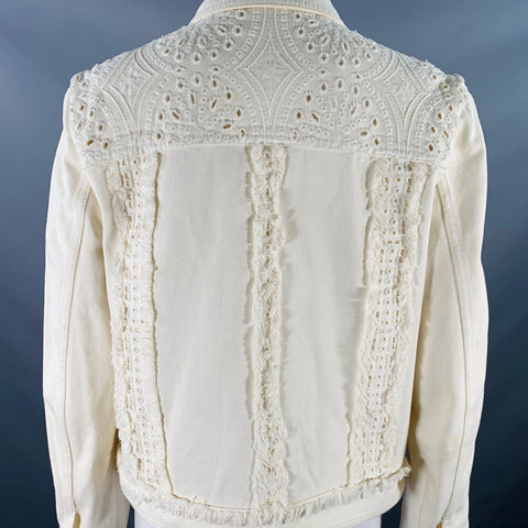 ETRO Size M Cream Eyelet Denim Fringe Trucker Jacket Blazer