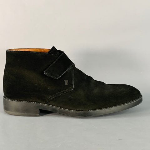 TOD'S Size 9.5 Black Suede Strap Rubber Sole Ankle Boots