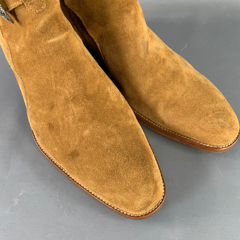 SAINT LAURENT Size 8 Hedi Strap Tan Silver Suede Western Buckle Boots