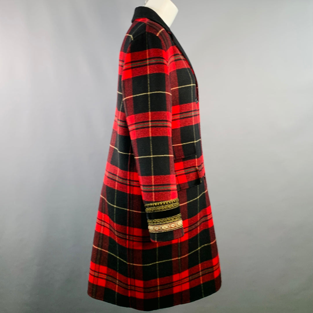 THE KOOPLES Size S Red Black Yellow Wool Blend Plaid Notch Lapel Coat