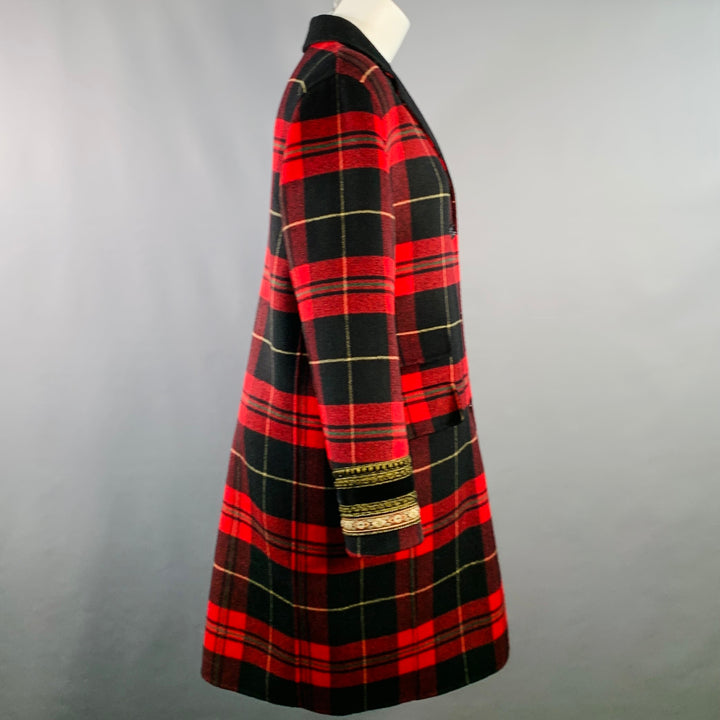 THE KOOPLES Size S Red Black Yellow Wool Blend Plaid Notch Lapel Coat
