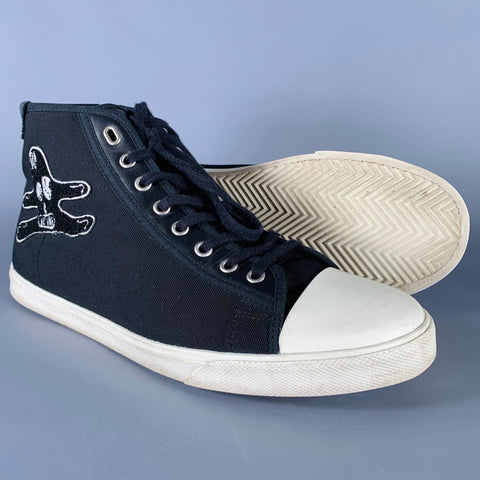 CELINE Size 10 Black White Applique Canvas High Top Sneakers