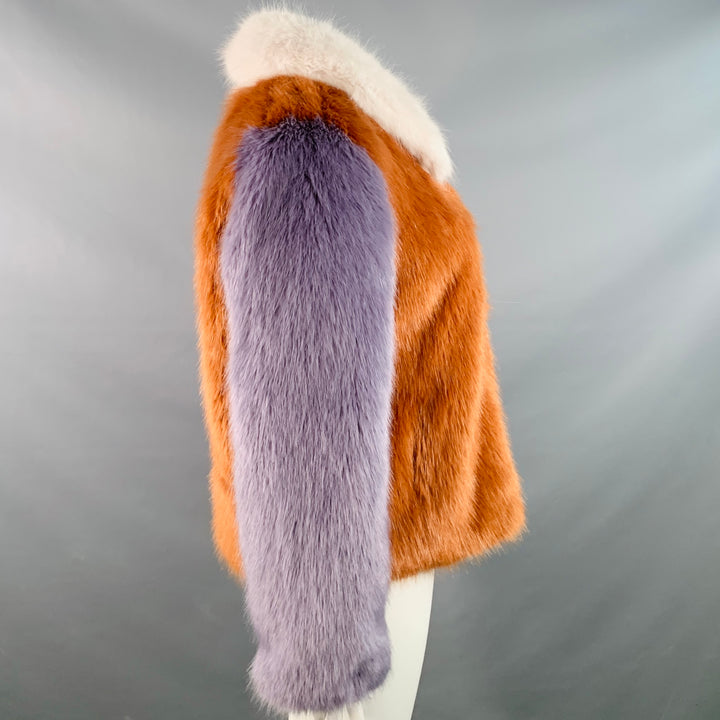 LPA Size L Brown Lavender White Modacrylic Faux Fur Color Block Zip Up Jacket