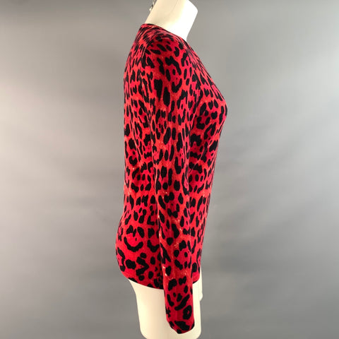 NEIMAN MARCUS Size S Red Black Cashmere Leopard Pullover Womens