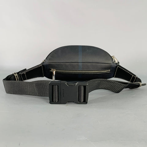 BURBERRY Black Navy Blackwatch Leather Trim Saffiano Canvas Belt Bag