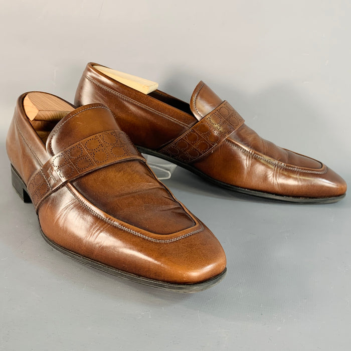 SALVATORE FERRAGAMO Size 10 Brown Leather Perforated Loafers