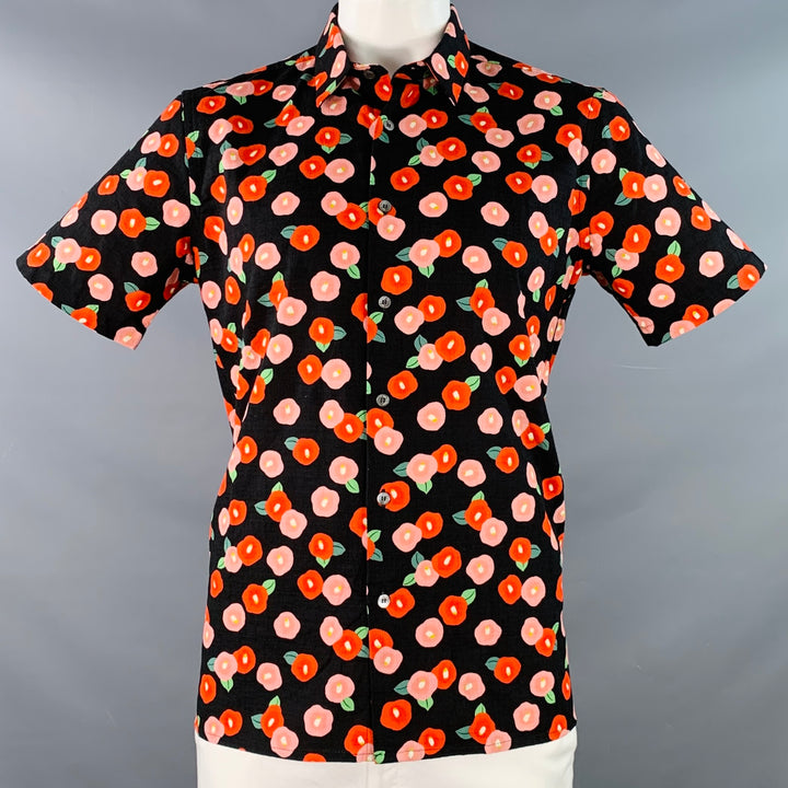 RAF SIMONS SS14 Runway Size 44 Black Red Pink Floral Poppy Cotton Button Up Short Sleeve Shirt
