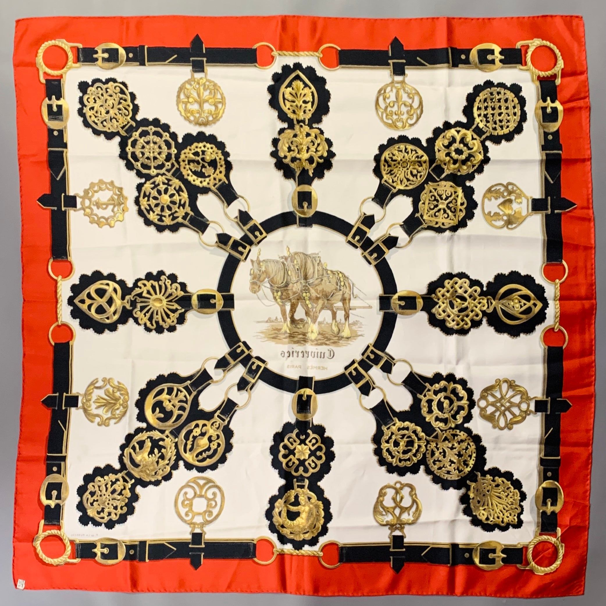 HERMES 1963 Cuivreris Red Gold White Black Horses Silk Twill Scarf