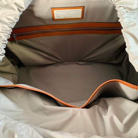 BRUNELLO CUCINELLI Brown Cream Canvas Leather Oversized Weekender Bag