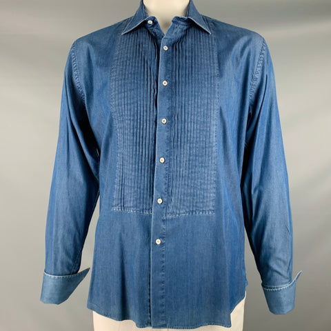 BERGDORF GOODMAN Size L Indigo Cotton Tuxedo Long Sleeve Shirt