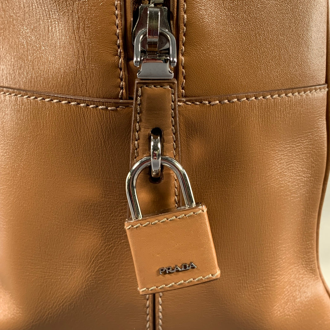PRADA Tan Cream Color Block Leather Overnight Bags