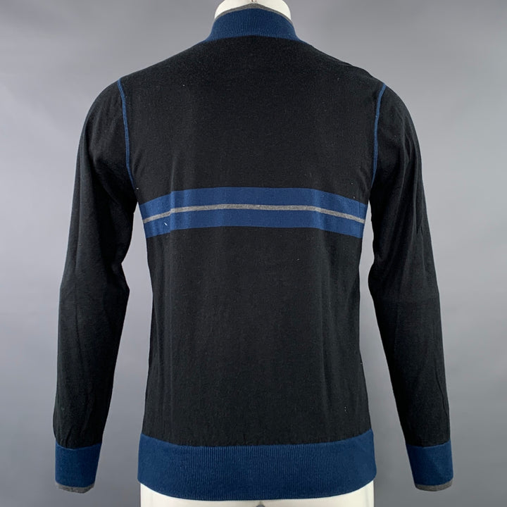BARNEY'S CO-OP Size M Black Blue Grey Stripe Cotton Cashmere Zip Up Sweater