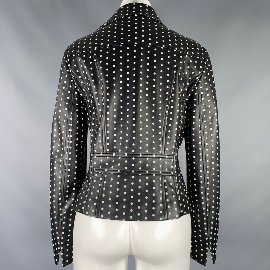 AKRIS Size 8 Black White Lambskin Leather Polka Dot Biker Jacket