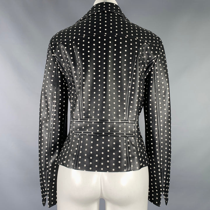 AKRIS Size 8 Black White Lambskin Leather Polka Dot Biker Jacket