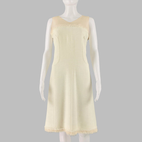 CHANEL Size 8 Cream Cotton Acrylic Sleeveless Mid-Calf Dress