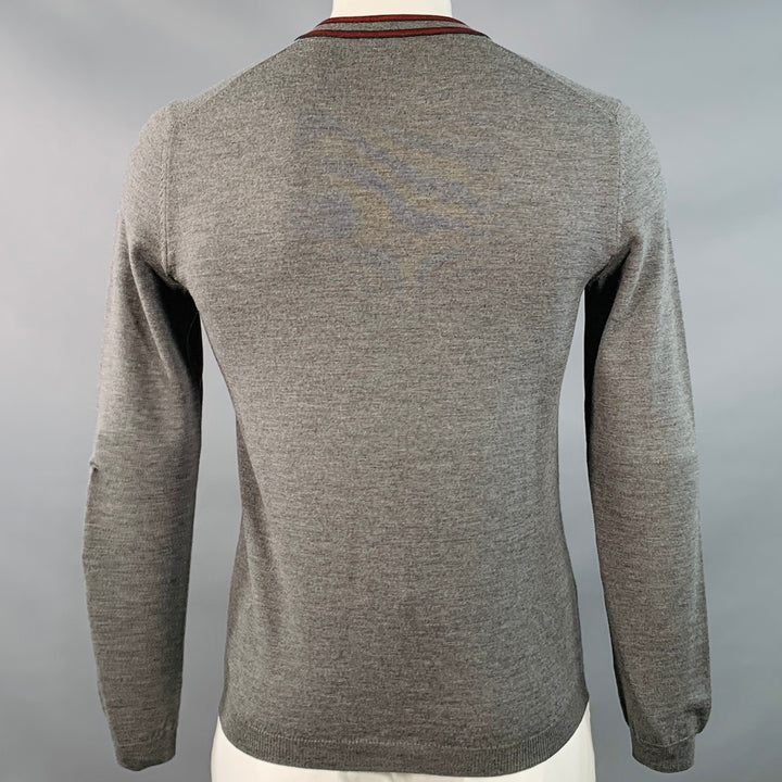 GUCCI Size L Grey Red Green Contrast Trim Wool V-Neck Pullover