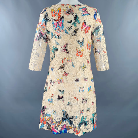 CELINE Size S Cream Multi Color Butterflies Lace Knee Length Dress