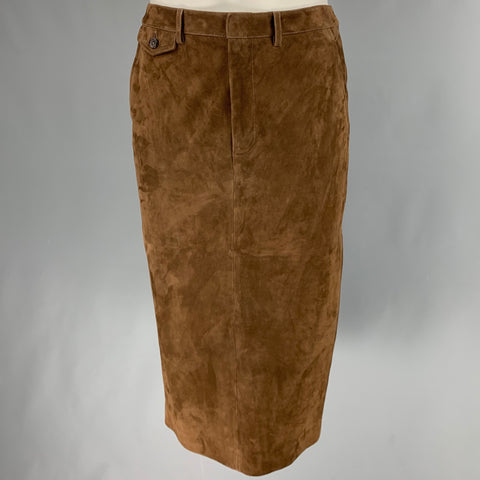 RALPH LAUREN COLLECTION Taille 8 Jupe crayon mi-mollet en daim marron