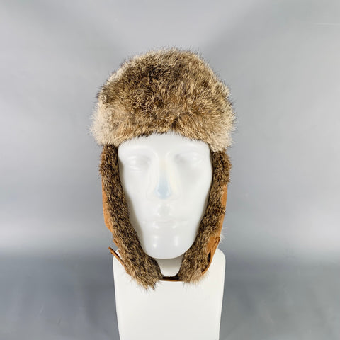 CROWNCAP Size L Brown Leather Rabbit Fur Aviator Cap Hat