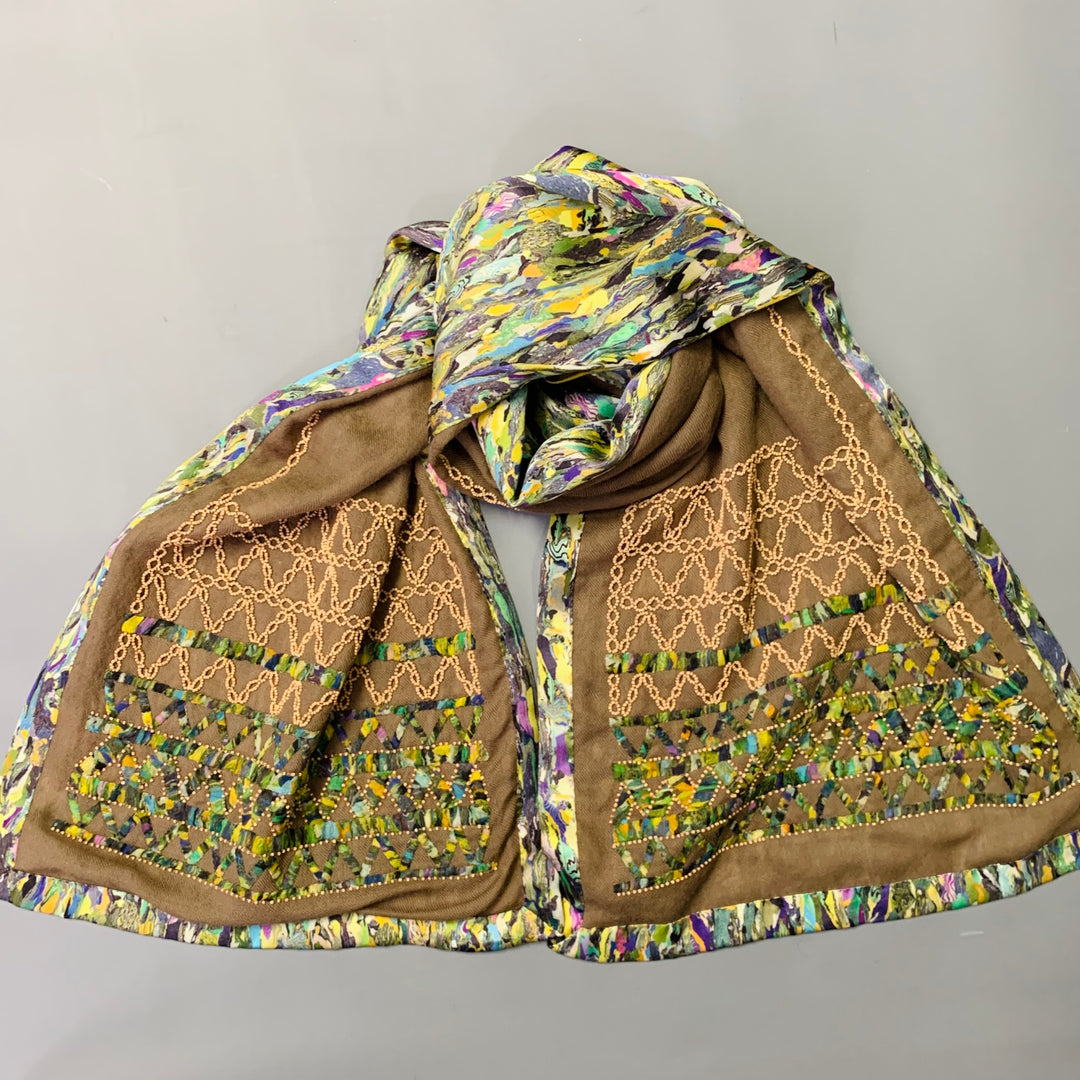 DRIES VAN NOTEN Green Beige Multi Color Beaded Silk Wool Scarf Shawl
