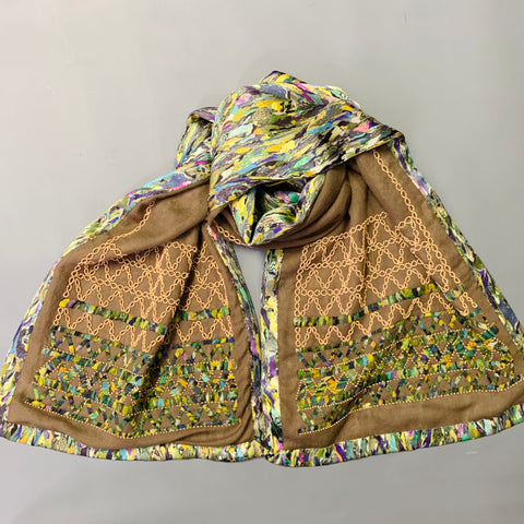 DRIES VAN NOTEN Green Beige Multi Color Beaded Silk Wool Scarf Shawl