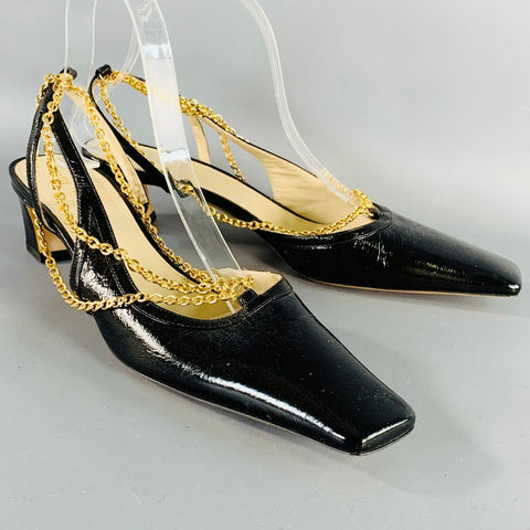 KHAITE Size 9.5 Marfa Black Gold Leather Crinkled Chain Slingback Pumps