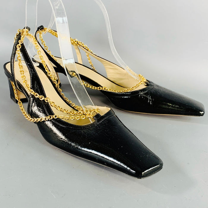 KHAITE Escarpins à Bride Arrière Chaîne Plissée en Cuir Doré et Noir Marfa Taille 9.5