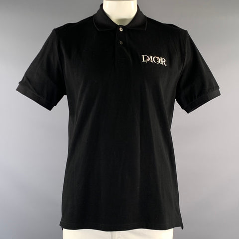 DIOR Size XL Black Pique Cotton Buttoned Polo