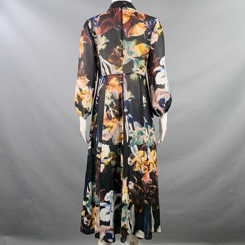 CATHERINE MALANDRINO Size M Black Multi Color Polyester Floral 3/4 Sleeves Shirt Dress