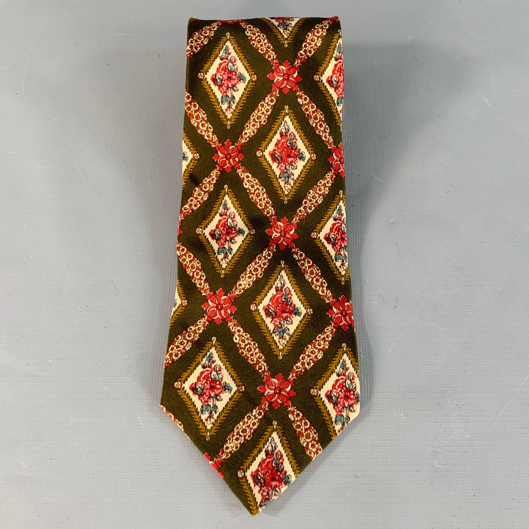 VALENTINO Brown Red Beige Framed Floral Silk Tie