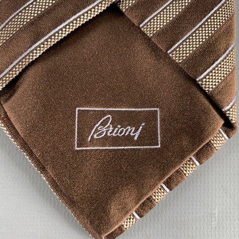 BRIONI Brown Cream Diagonal Stripe Silk Tie