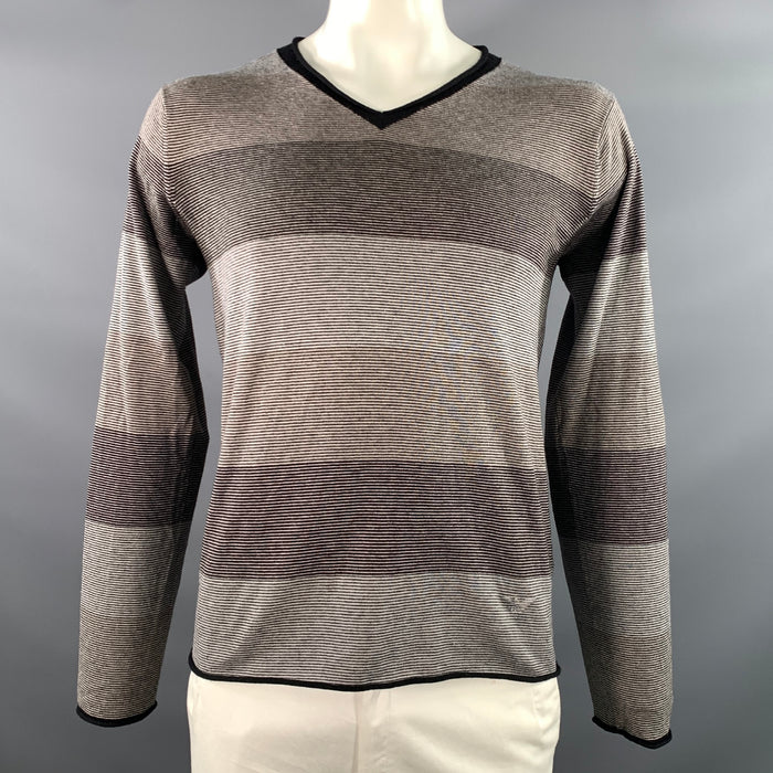 EMPORIO ARMANI Size L Grey Black Stripe Wool Silk V Neck Pullover