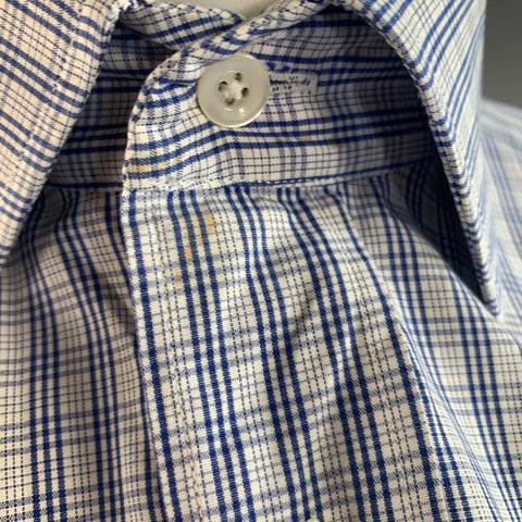 HERMES Size M Blue White Plaid Cotton Spread Collar Long Sleeve Shirt