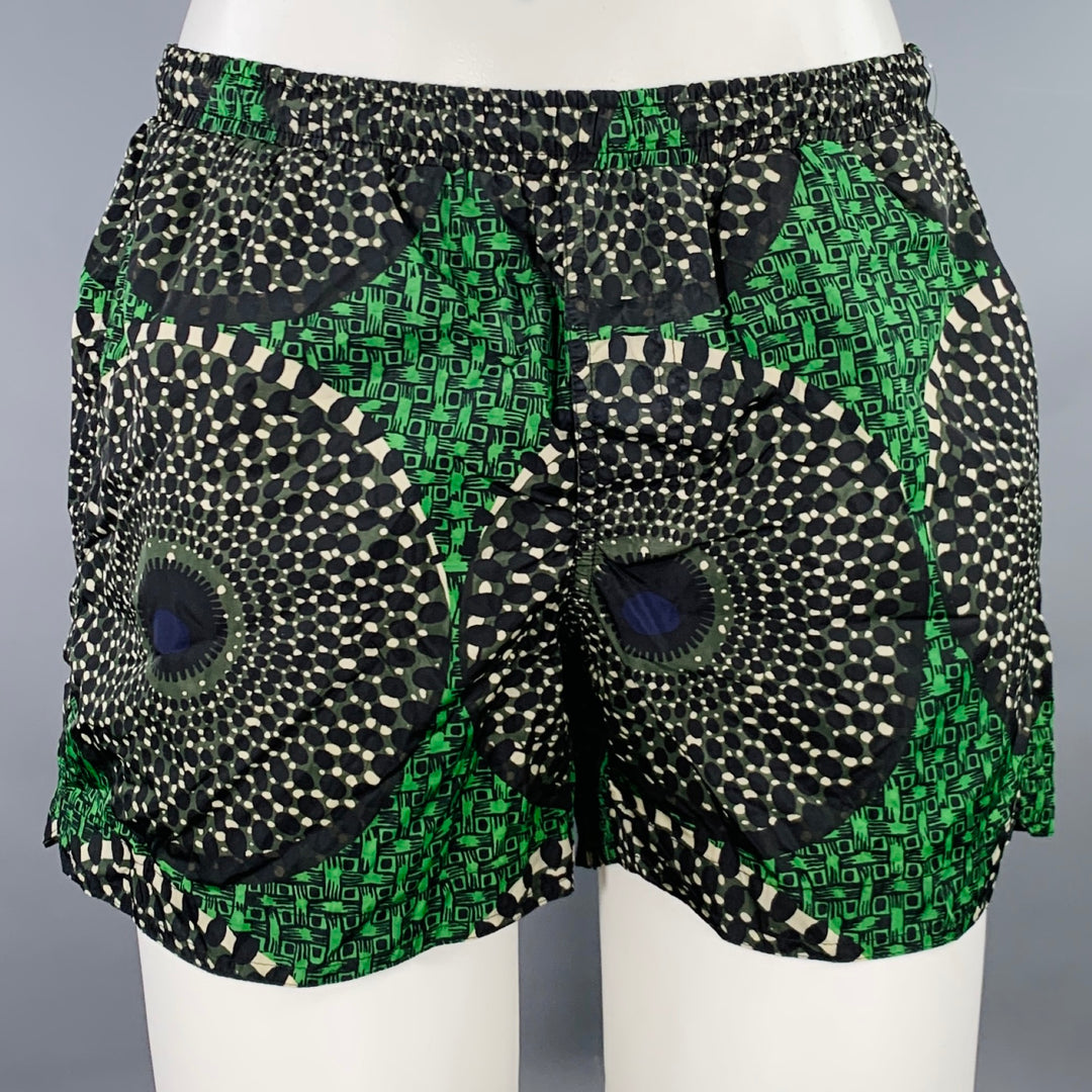BURBERRY PRORSUM Size S Green Black Abstract Drawstring Swim Trunks