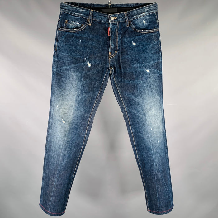 DSQUARED2 Size 32 Blue Distressed Cotton Straight Button Fly Jeans