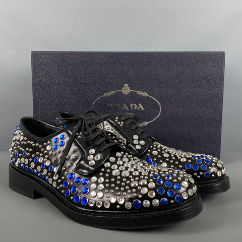 PRADA Size 9 Black Silver & Blue Studded Leather Lace-Up Shoes