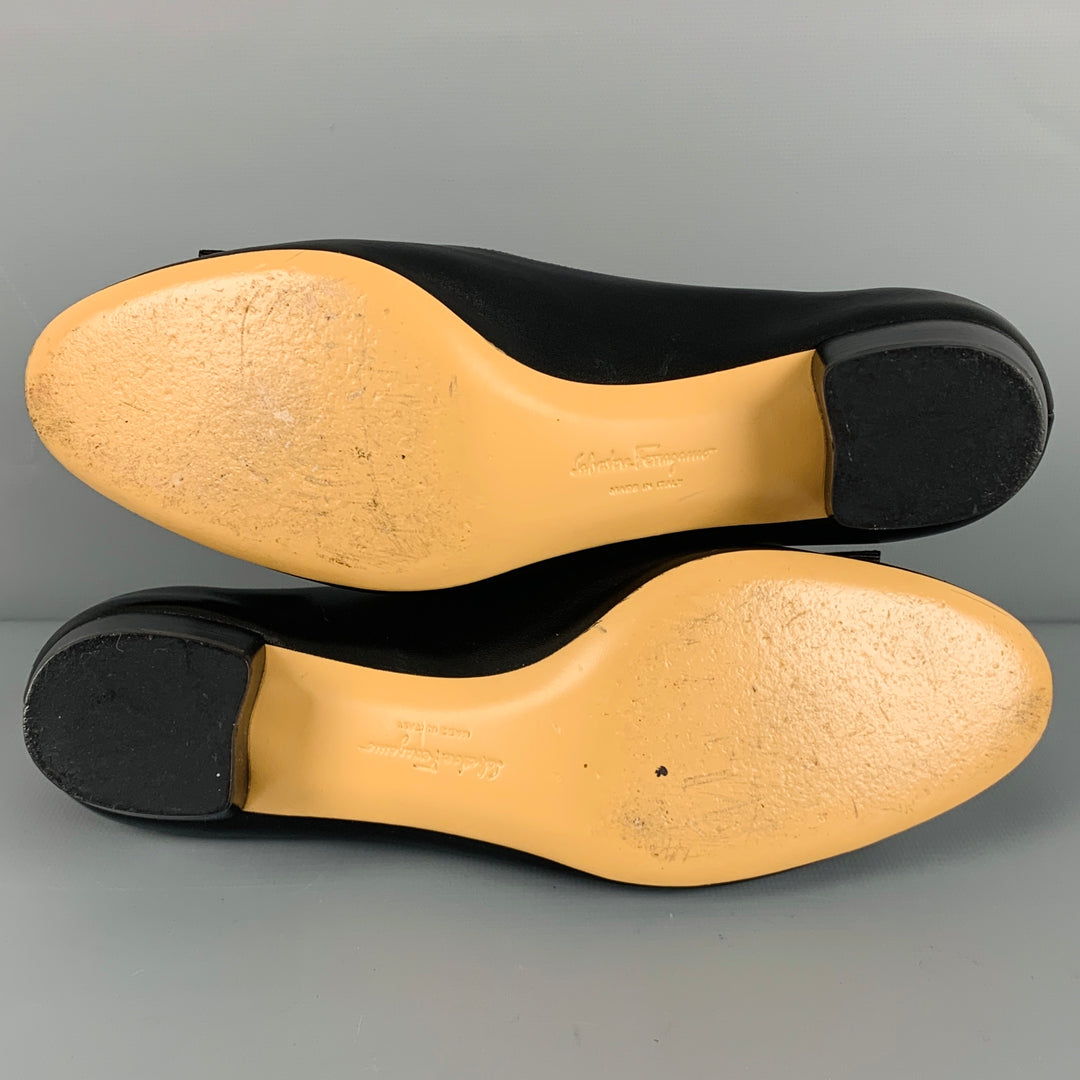 SALVATORE FERRAGAMO Size 7 Black Leather Bow Kitten Heels