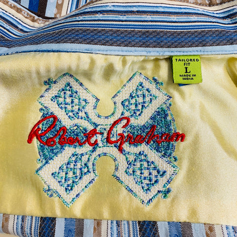 ROBERT GRAHAM Size L Blue Brown Stripe Cotton Button Up Long Sleeve Shirt
