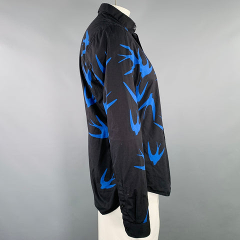 MCQ by ALEXANDER MCQUEEN Size 42 Black Blue Birds Cotton Long Sleeve Shirt